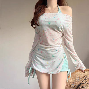 韩国ins纯欲少女聚拢显瘦星星罩衫 女 性感挂脖比基尼泳衣温泉泳装