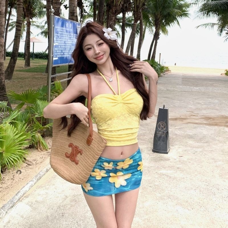 韩国ins纯欲风少女聚拢显瘦性感抹胸裙式分体泳衣温泉度假泳装女