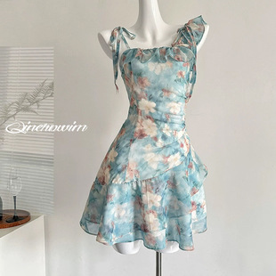 连体泳衣温泉泳装 2026夏新款 裙式 保守显瘦碎花度假平角裤 复古法式