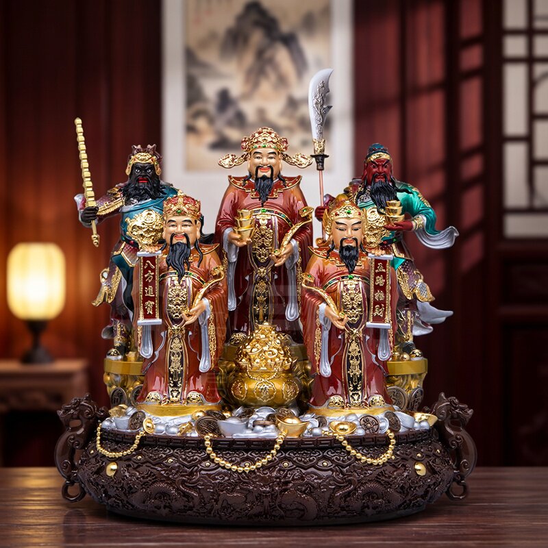 纯铜彩绘五路财神招财供奉摆件