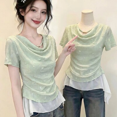 浅绿色荡领短袖T恤女2026新款夏季超好看收腰不规则上衣通勤百搭