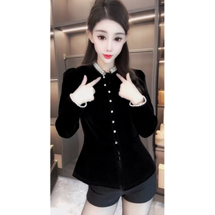 百搭女款 高级洋气小香风丝绒钉珠设计2025秋季 时尚 衬衫 上衣潮 长袖
