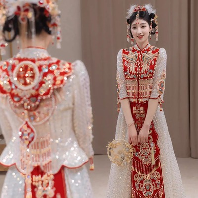 婚礼高级感拖尾香槟金色秀禾服出租重工秀禾婚服租赁新娘2025新款