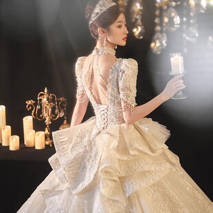 高级质感重工项链挂脖婚纱租赁高端新娘主纱出租2025新款v领虎丘