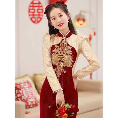 新中式红色长袖旗袍敬酒服租赁冬季婚礼新娘婚宴订婚礼服婚服出租