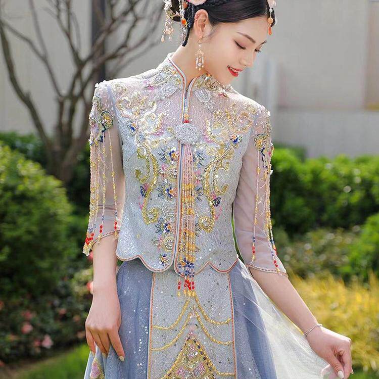 重工高级婚礼蓝色秀禾服租赁结婚出嫁新娘秀禾婚服出租2025新薄款