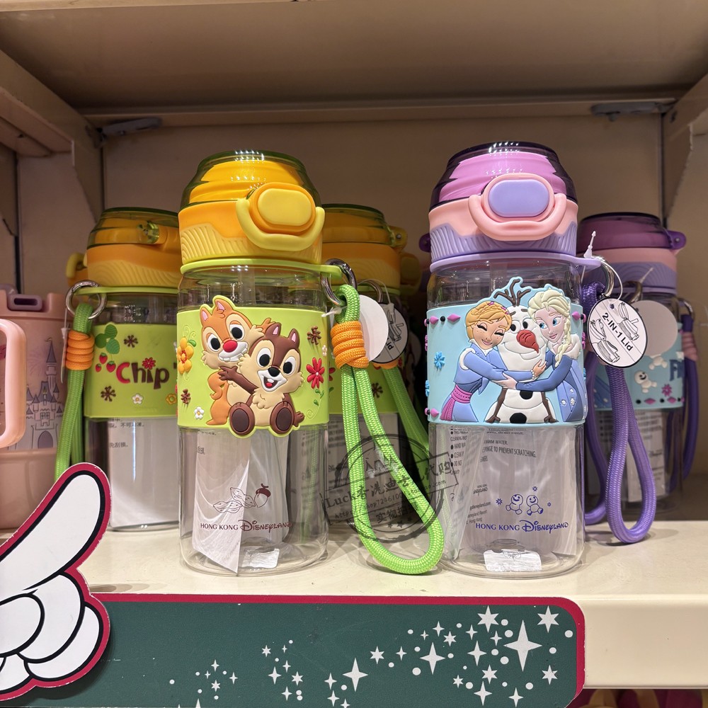 香港迪士尼儿童水杯奇奇帝帝爱莎安娜塑料吸管直饮两用小朋友水壶