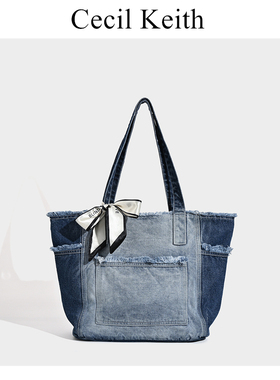 cecilKeith原创牛仔托特包2025新撞色校园通勤大容量单肩手提包女