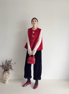 李cc·春季新款直筒宽松丝绒花边休闲裤