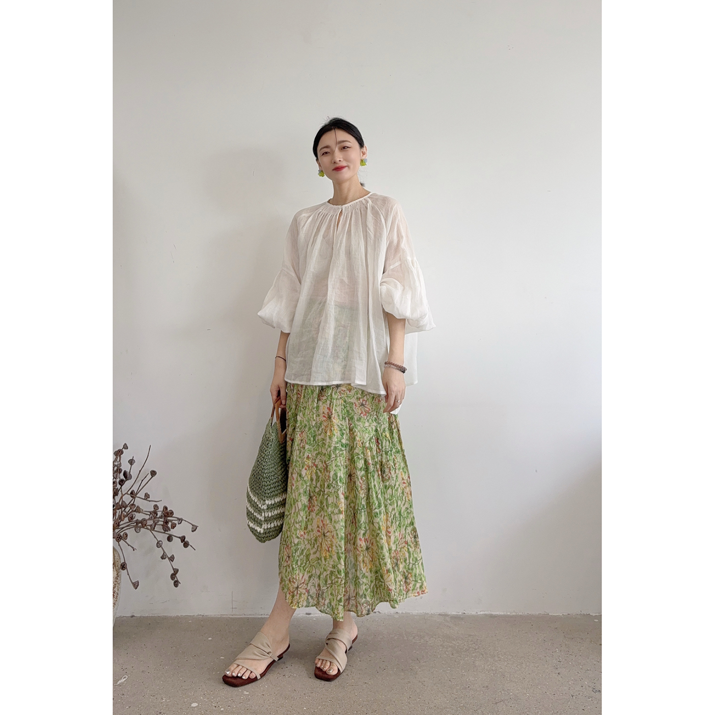 李cc·夏日植物系清新田园印花小清新碎花苎麻半身裙