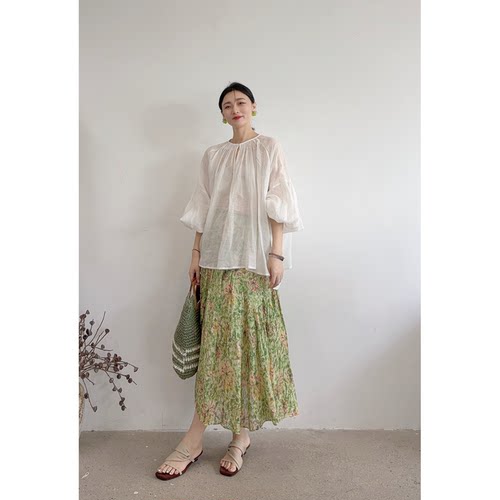 李cc·夏日植物系清新田园印花小清新碎花苎麻半身裙