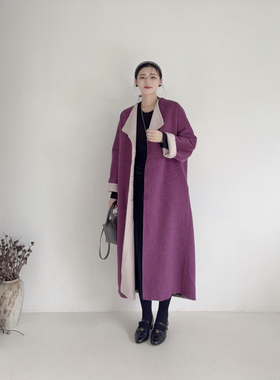 李cc·法式复古老钱风紫色双面羊毛长款大衣女秋冬款