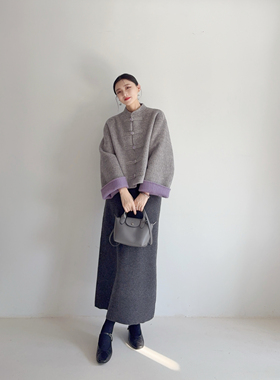 李cc·新中式撞色盘扣羊毛大衣短款秋冬新款