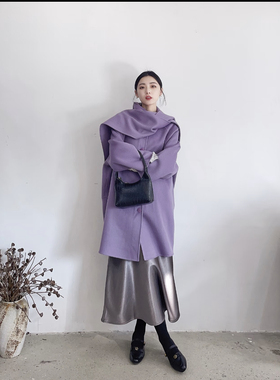 李cc·秋冬高级薰衣草紫围巾款廓形羊毛大衣外套