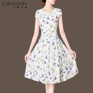 夏季 裙子2025女装 修身 显瘦短袖 印花大摆连衣裙 夏装 圆领中长款 新款