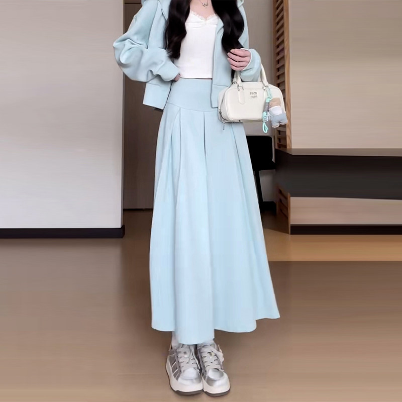 韩系蓝色连帽卫衣连衣裙子套装女工作服定制