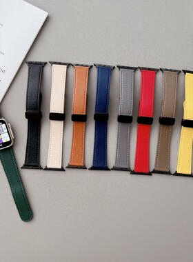 适用苹果手表带圆尾平纹皮磁吸折叠扣iwatch8765SE2ultra49mm/45