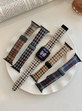 适用iwatch11代S10987654se2毛呢千鸟格磁吸扣皮苹果手表带Ultra3
