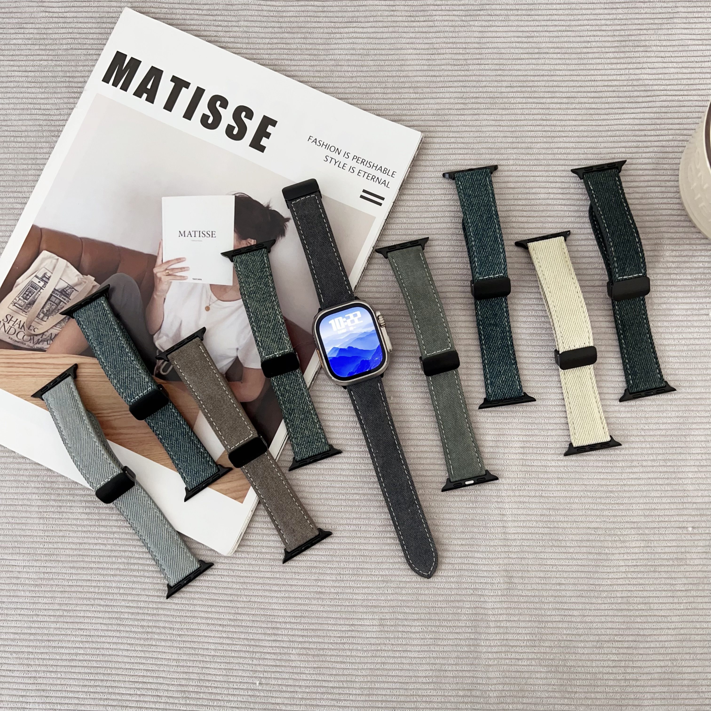 适用苹果磁吸扣牛仔布帆布手表带