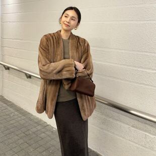 皮毛一体26初春新款环保水貂皮草外套仿帕斯条女 V领简约百搭时尚