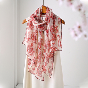 红色真丝丝巾女士秋冬季围巾长条纱巾护颈妈妈高级感薄款杭州高端