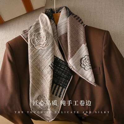 咖色真丝羊毛丝巾女2025新款秋冬季羊绒围巾护颈系脖小方巾高级感