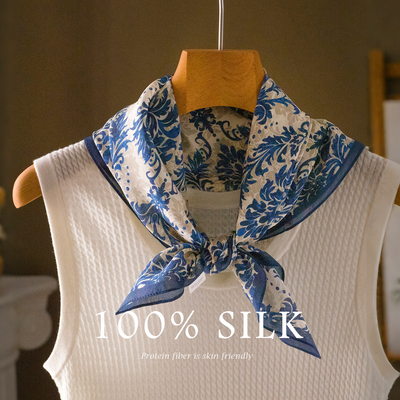 蓝色真丝丝巾女2025新款小方巾系脖子高级感护颈秋冬高档洋气时尚