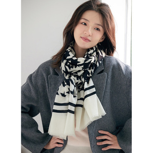 黑白格子100纯羊毛围巾 女士秋冬季轻奢高级感千鸟格羊绒围脖薄款