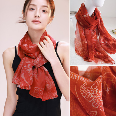 红色真丝丝巾纱巾女款2025新款秋冬季围巾长条高级感薄款护颈女士