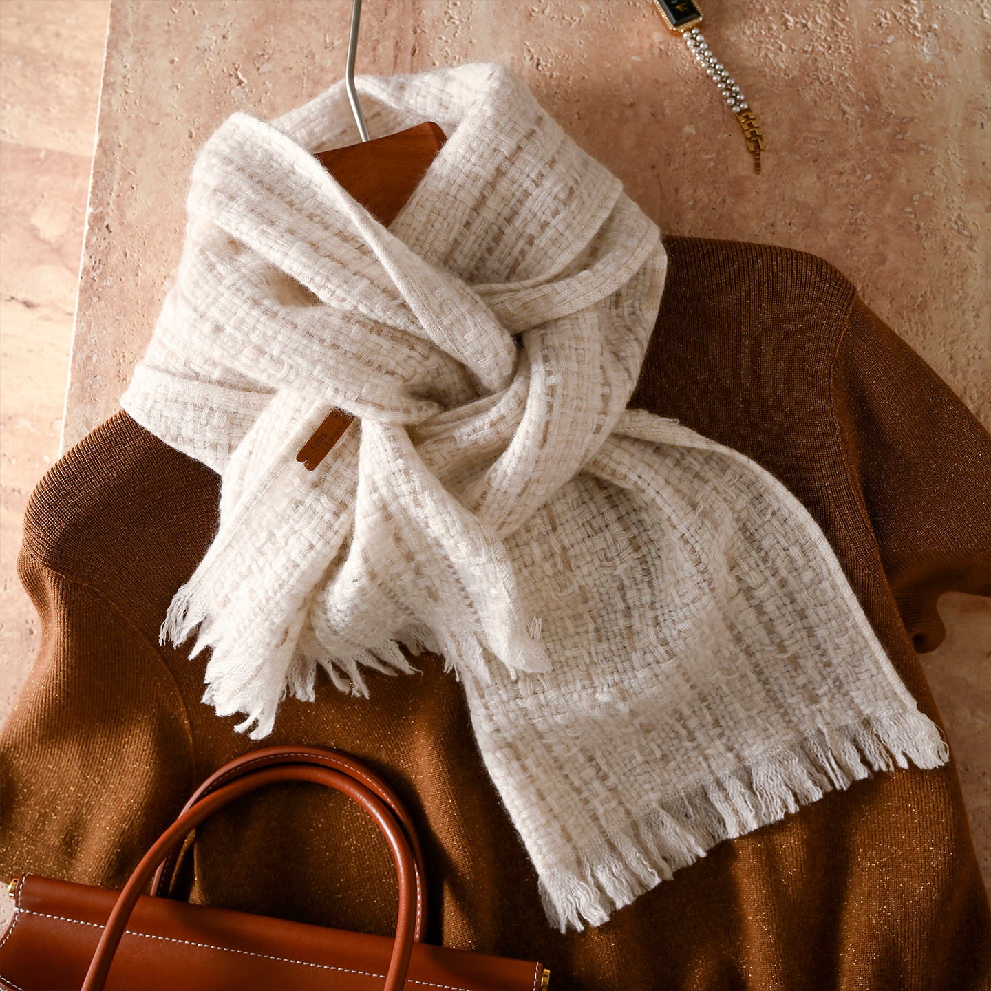 小香风纯山羊绒围巾女款2025新款冬季轻奢高级感100围脖毛线高端