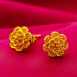爆款沙金耳钉女士气质时尚百搭古法轻奢耳环女款花朵耳饰送妈妈