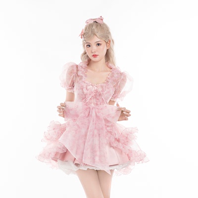 TLACTA MUMU [柏林少女] 粉色新中式泡泡袖两件套显瘦连衣裙