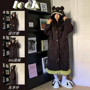 可爱无牙仔连帽珊瑚绒睡袍女冬季2025新款居家服睡衣加绒加厚