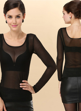 薄款网纱t恤女长袖纱网内搭蕾丝打底衫宽领沙衣服秋装大领口上衣