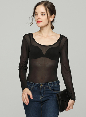 网纱打底衫女长袖2019秋装新款修身百搭春秋黑色内搭薄款蕾丝上衣