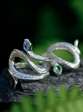 戒指托帕石手工纯银纯银戒指蛇