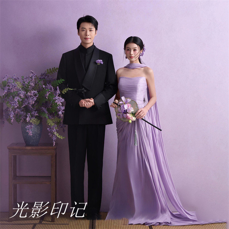 影楼新款中式情侣紫色抹胸礼服