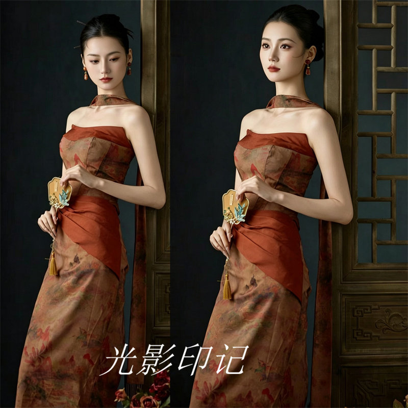 新中式工笔画抹胸情侣摄影礼服