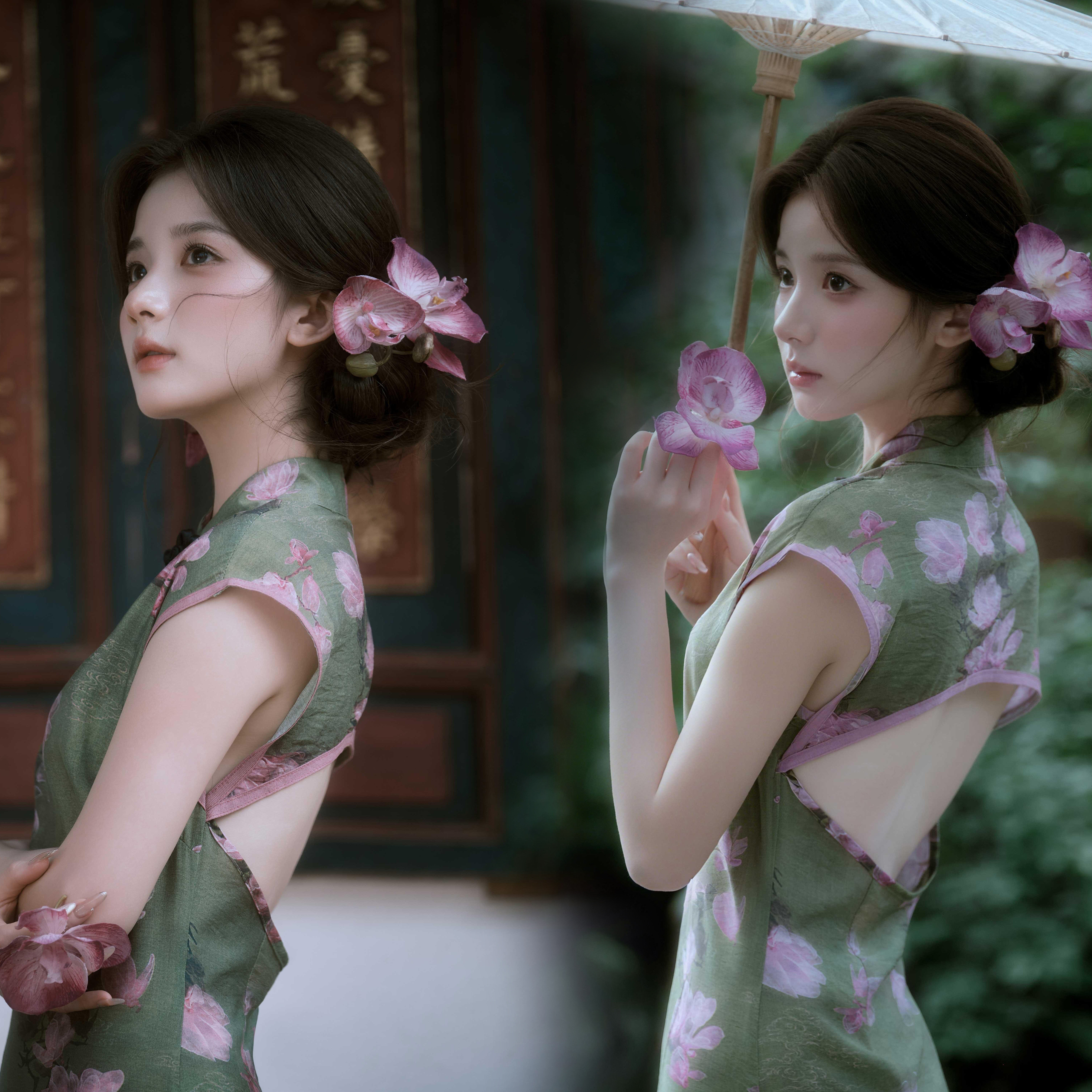 影楼新中式连衣裙女新款复古印花改良旗袍盘扣国风长裙收腰包臀裙