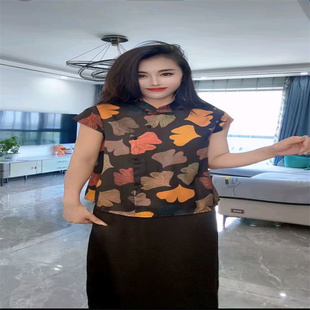 立领短袖盘口碎花丝滑缎面宽松薄款夏季衬衫女时尚百搭洋气上衣