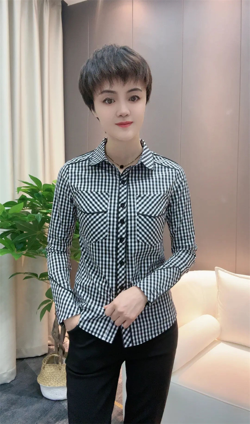 修身百搭单排扣长袖棉质格子春秋