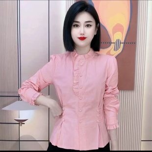 欧洲站新品木耳飞边彩色修身微弹棉质衬衫女时尚重工春秋上衣