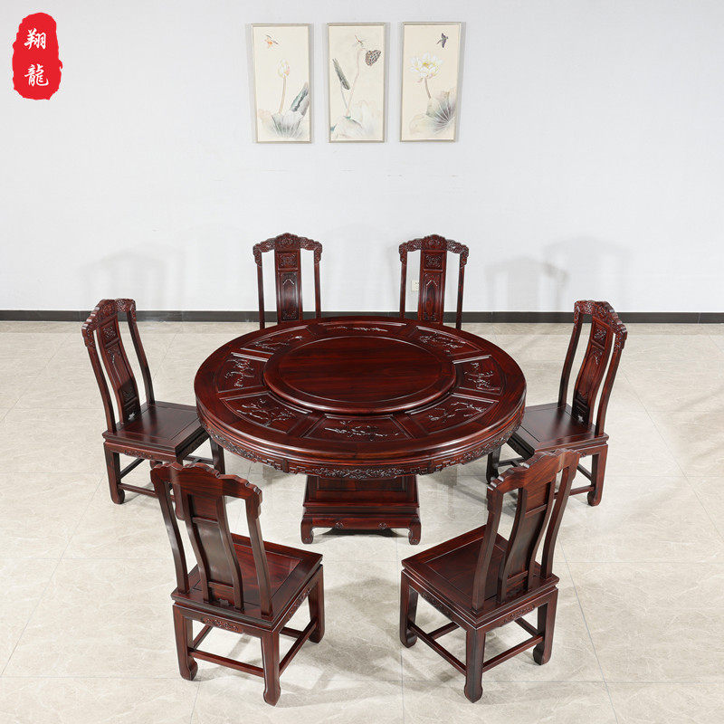 国标方桌红酸枝木绒毛黄檀圆桌餐桌饭桌东阳中式实木雕花紫檀家具