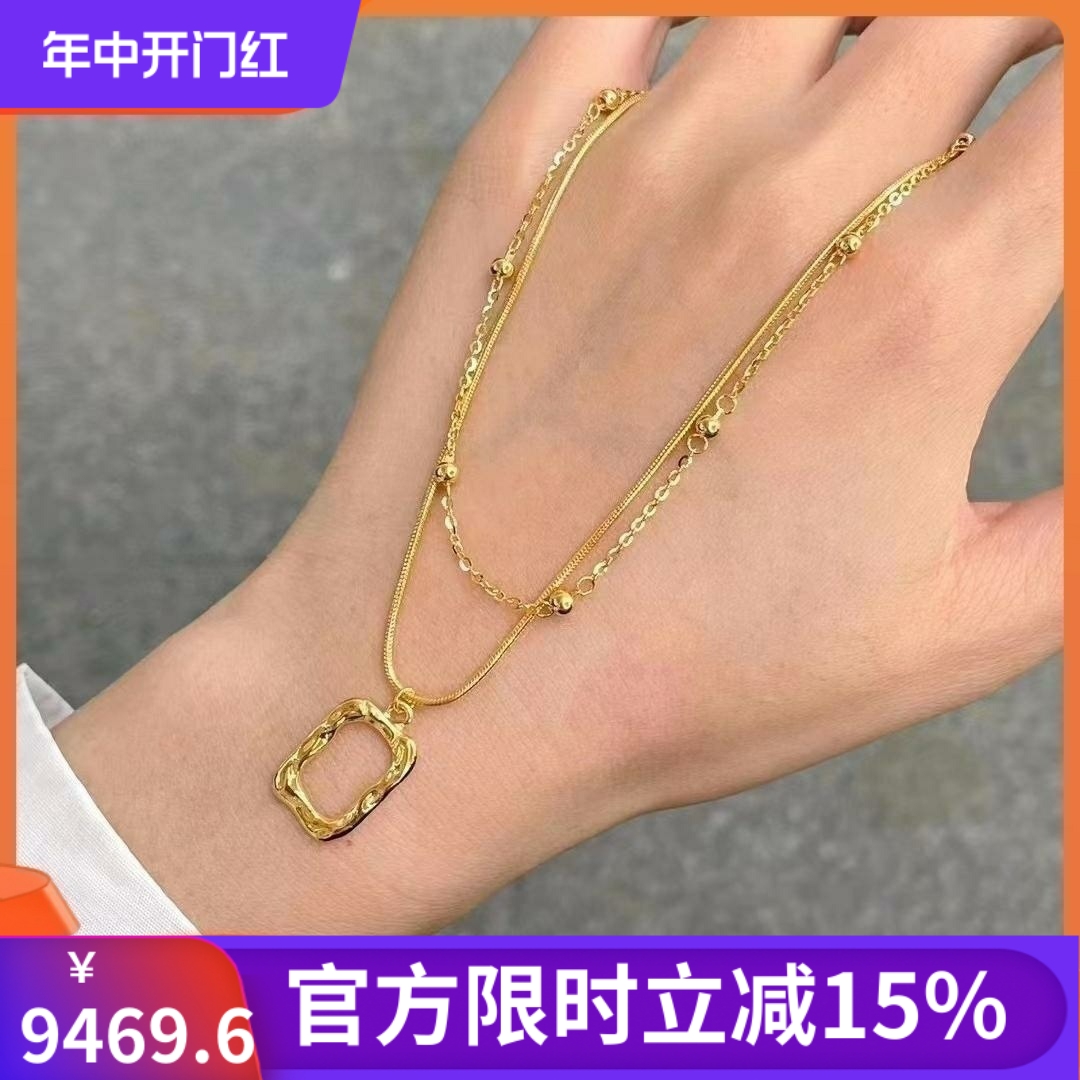 金润福双层叠戴方块女项链5G黄金999足金吊坠套链锁骨链ins设计-封面