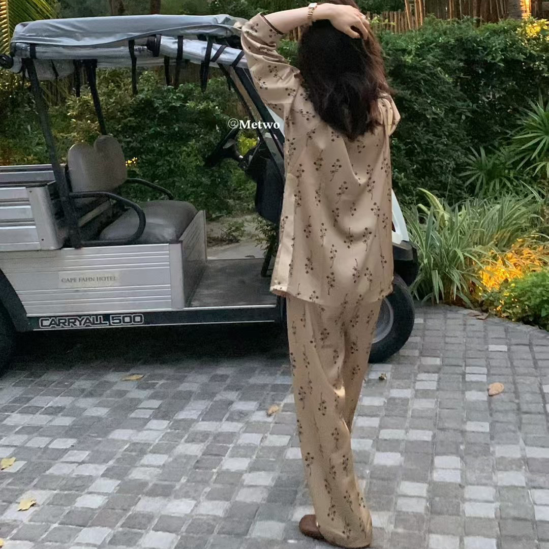 海岛碎花家居服套装长袖开衫带杯