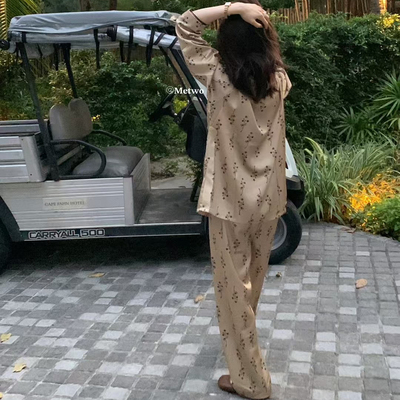 海岛碎花家居服套装长袖开衫带杯