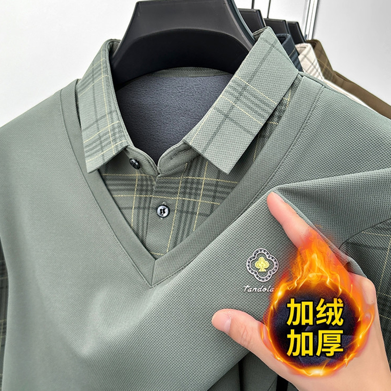 假两件加绒加厚毛衣男2025冬季新款爸爸打底羊毛衫保暖上衣