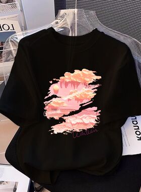 夏季新款童装女童短袖T恤黑色圆领卡通印花休闲纯棉宽松百搭上衣