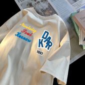 美式 100%重磅纯棉字母印花短袖 t恤新款 复古高街潮流ins小众上衣服