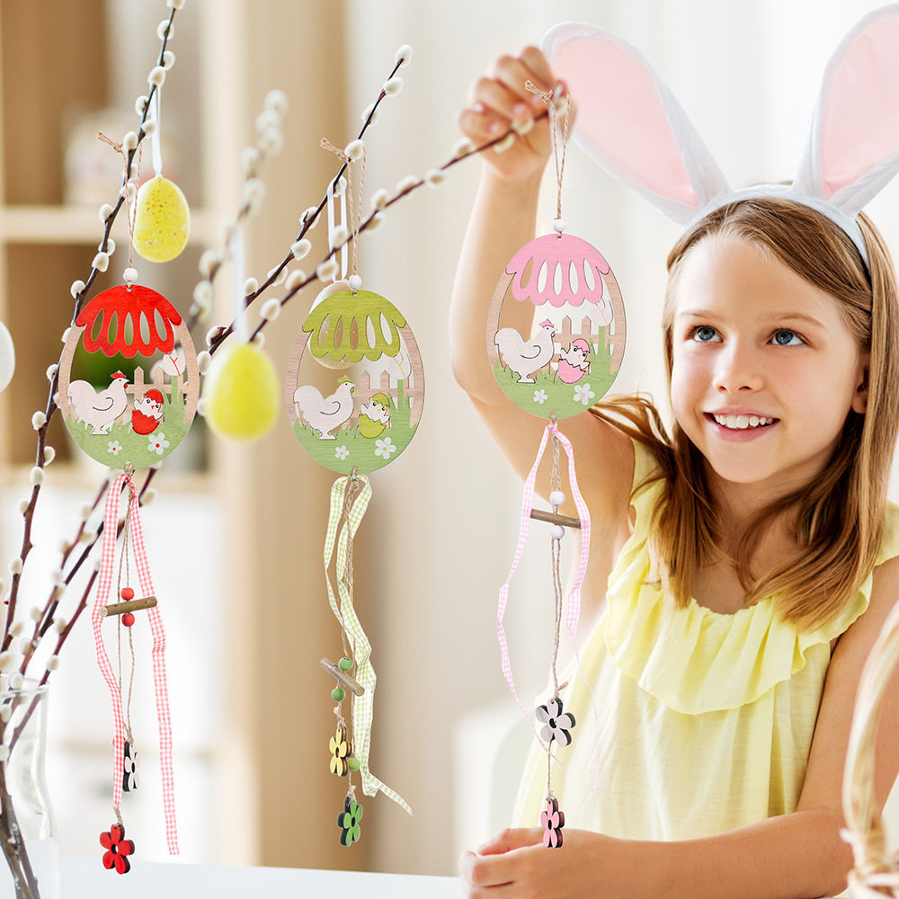 h1复活节装饰品 创意鸡蛋形木质挂件阳台盆栽户外树植物小挂饰
